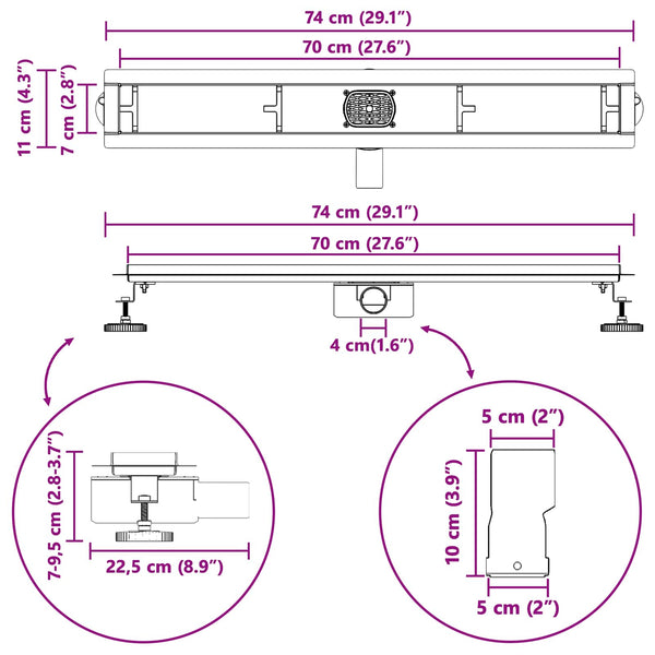 vidaXL 2-in-1 Shower Drain with 360° Siphon Black 70 cm 304 Stainless Steel