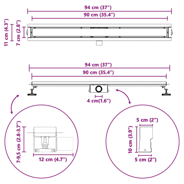 vidaXL 2-in-1 Shower Drain Silver 90 cm Stainless Steel 304