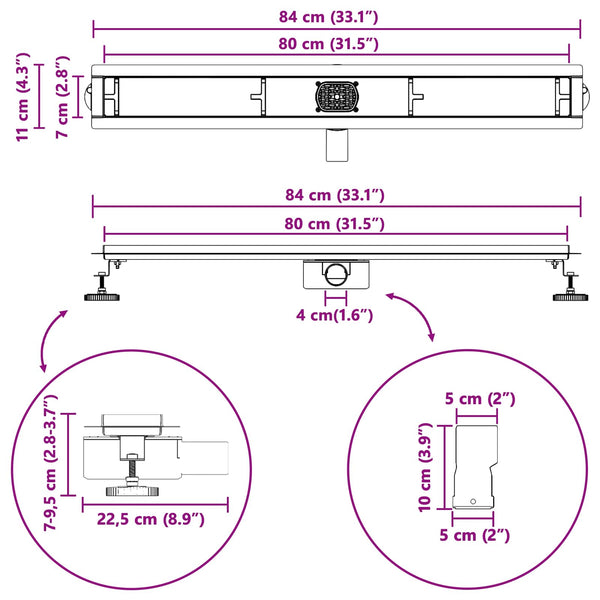 vidaXL 2-in-1 Shower Drain with 360° Siphon Silver 80 cm Stainless Steel 304