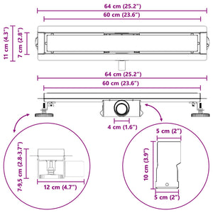 vidaXL Shower Drain with Glass Cover Black 60 cm 304 Stainless Steel