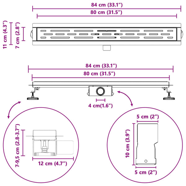 vidaXL Shower Drain with Line Design Silver 80 cm Stainless Steel 304