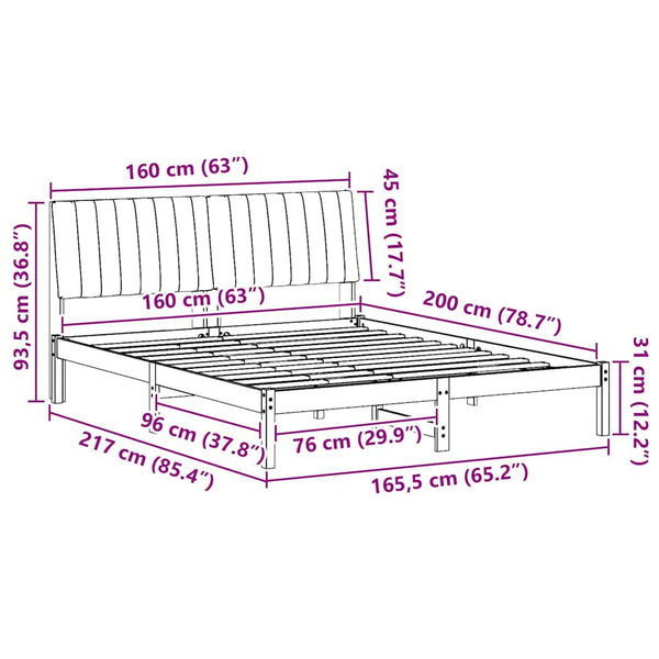 vidaXL Bed Frame with Headboard White 160 x 200 cm Solid Pine Wood