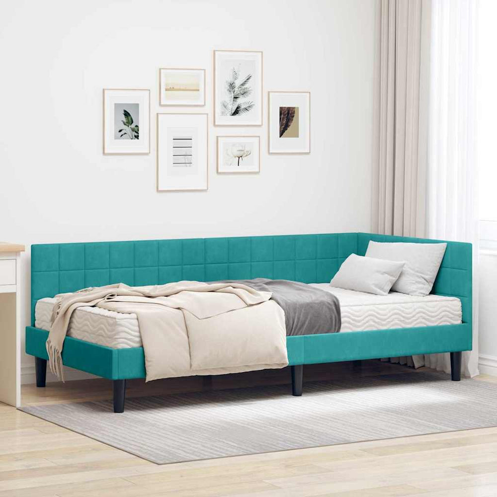 Eckbettgestell mit Matratze Türkis Samt 90x190 cm