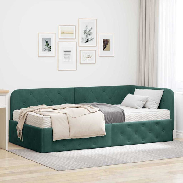 vidaXL Corner Bed Frame Dark Green 100 x 200 cm Velvet