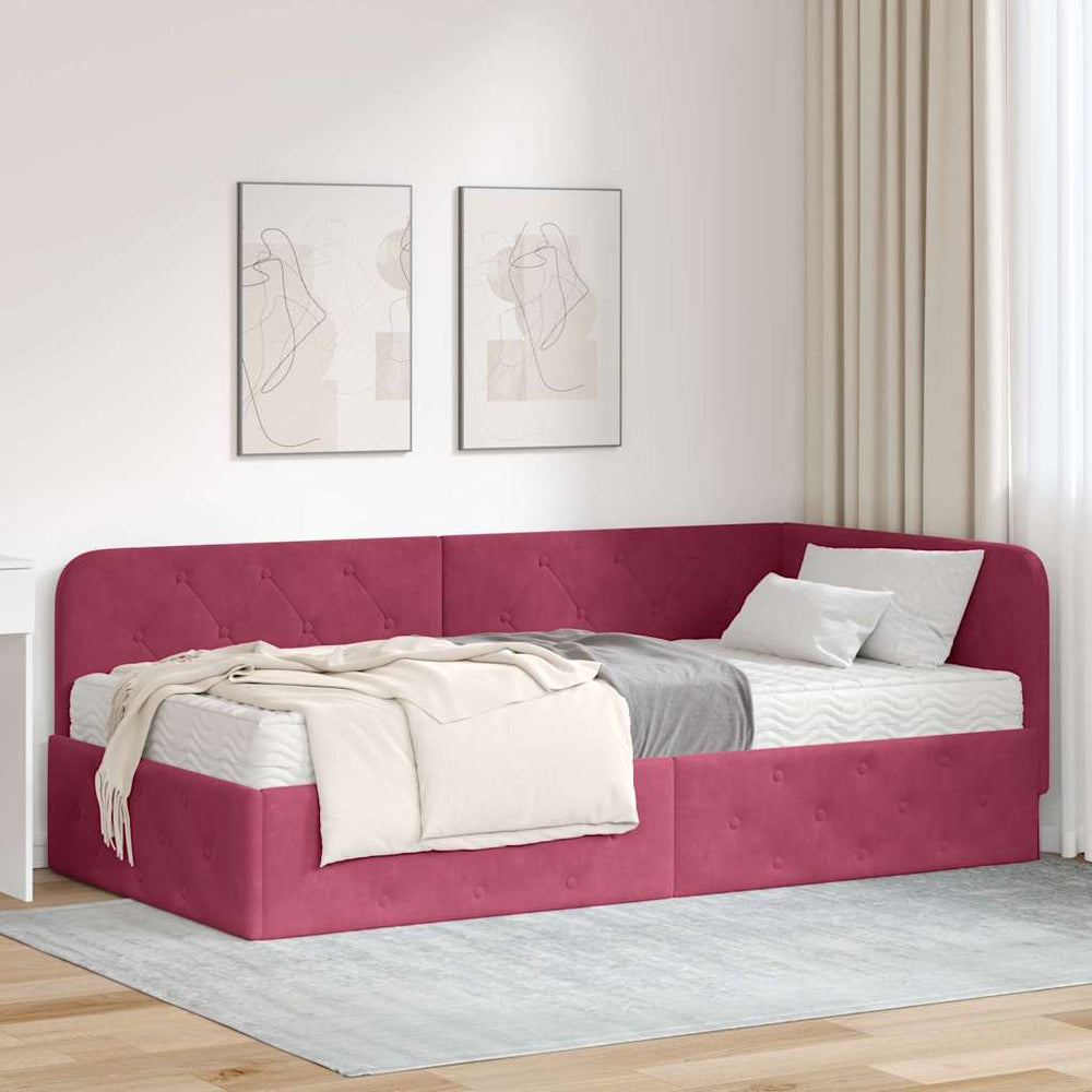 vidaXL Corner Bed Frame Wine Red 100 x 200 cm Velvet