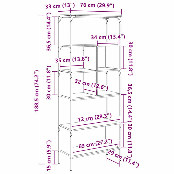 Bücherregal Schwarz Eichen-Optik 188,5 cm