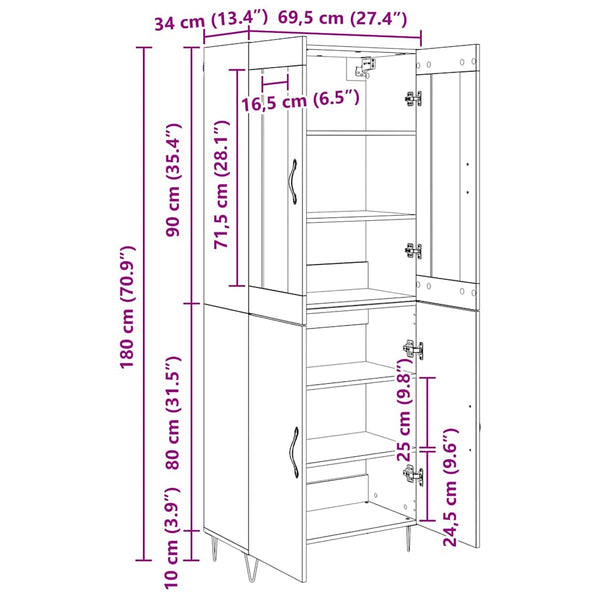 vidaXL Highboard White and Black Oak 69.5 x 34 x 180 cm