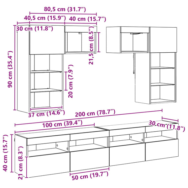 vidaXL TV Wall Cabinets with LED Strips 6 pcs Reclaimed Wood Engineered Wood