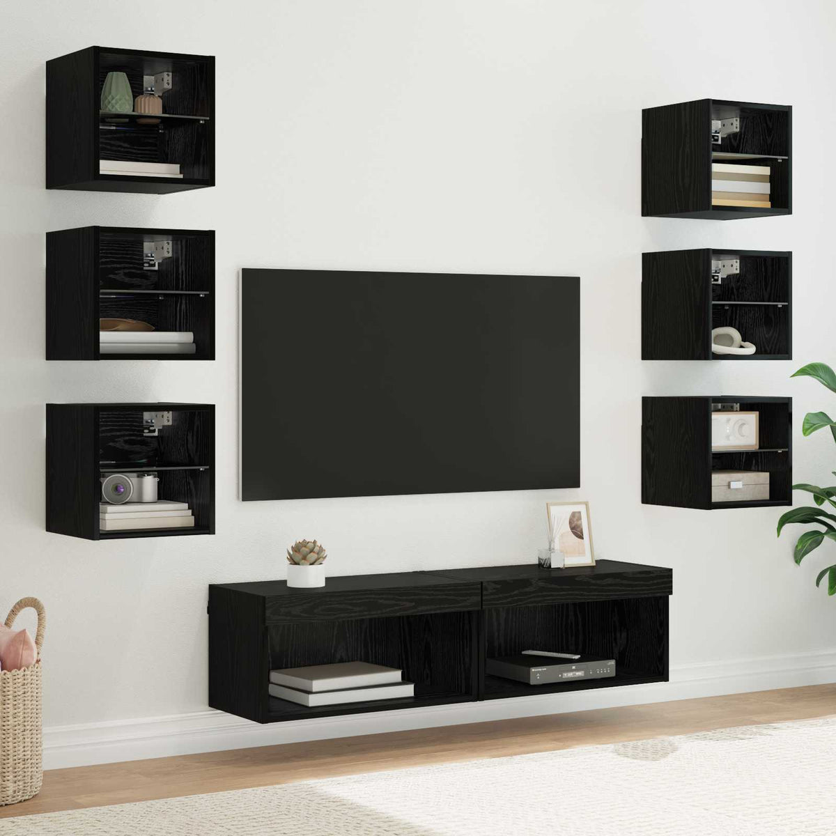 TV-Schrank mit LED Schwarz Eichenoptik