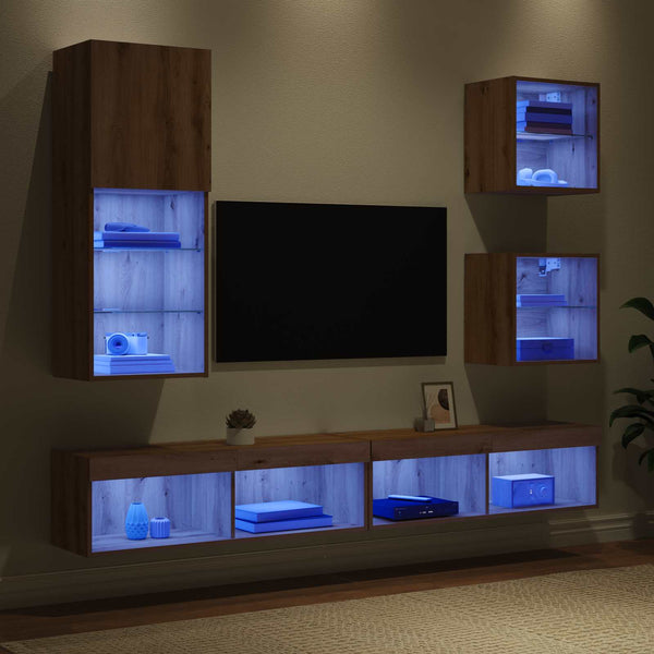 TV Wandregal mit LED, Artisan Eiche, 5-teilig