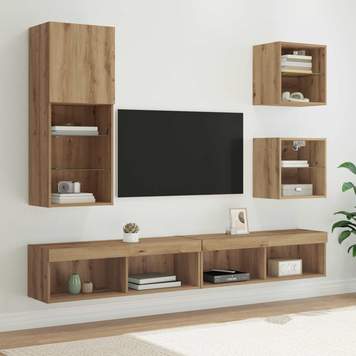 TV Wandregal mit LED, Artisan Eiche, 5-teilig