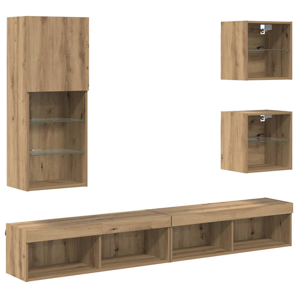 TV Wandregal mit LED, Artisan Eiche, 5-teilig