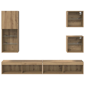 TV Wandregal mit LED, Artisan Eiche, 5-teilig