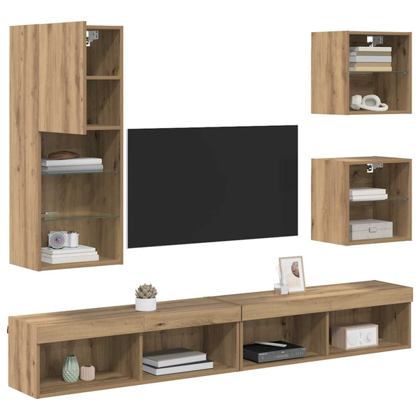 TV Wandregal mit LED, Artisan Eiche, 5-teilig
