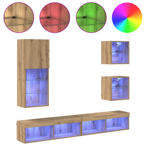 TV Wandregal mit LED, Artisan Eiche, 5-teilig