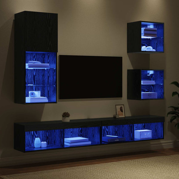 TV Wand Einheit mit LED, 5-teilig, Schwarz Eiche