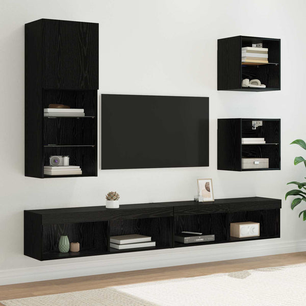 TV Wand Einheit mit LED, 5-teilig, Schwarz Eiche