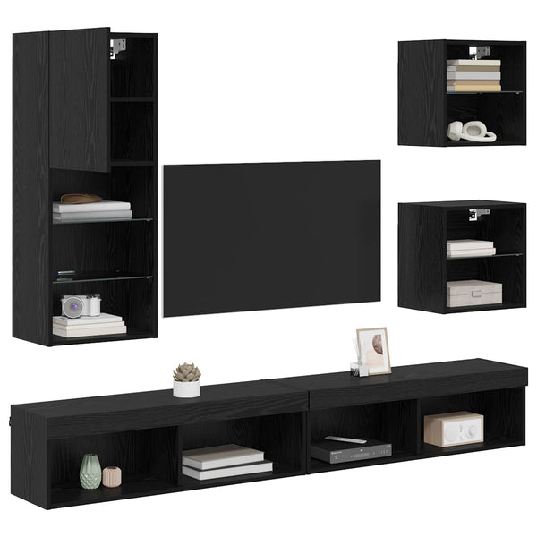 TV Wand Einheit mit LED, 5-teilig, Schwarz Eiche