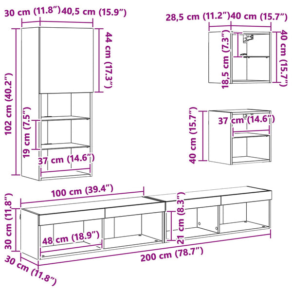 TV Wand Einheit mit LED, 5-teilig, Schwarz Eiche