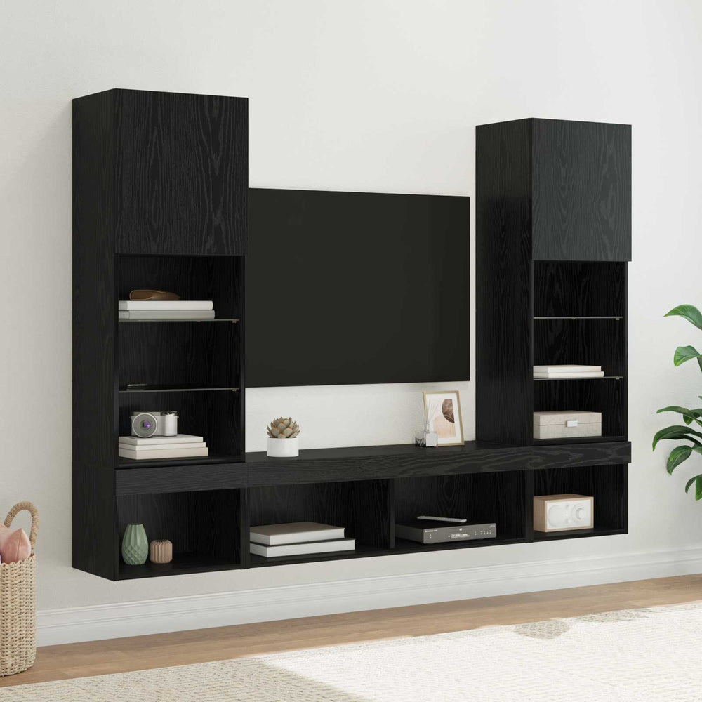 vidaXL TV Wall Units with LED 5 Pieces Black Oak Effect