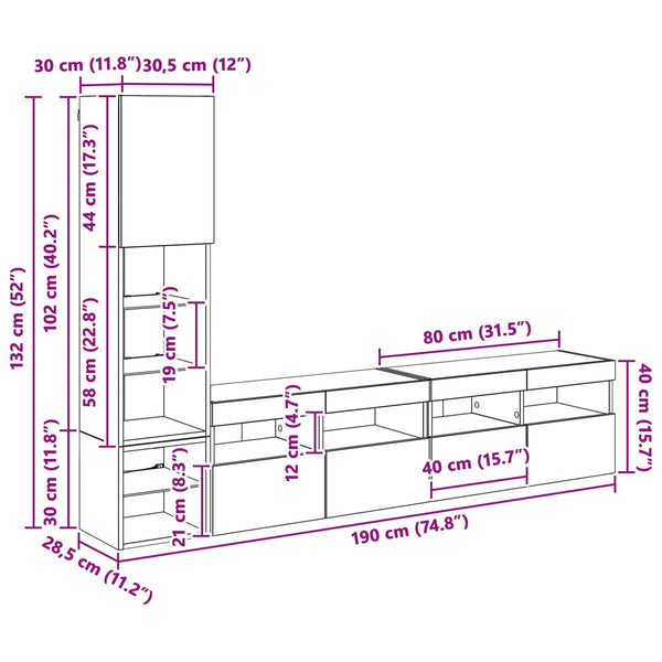 vidaXL LED TV Wall Units 4 pcs Black Oak Look Engineered Wood