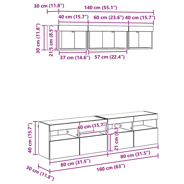 vidaXL TV Wall Units with LED 5 pcs Artisan Oak 80 x 30 x 40 cm