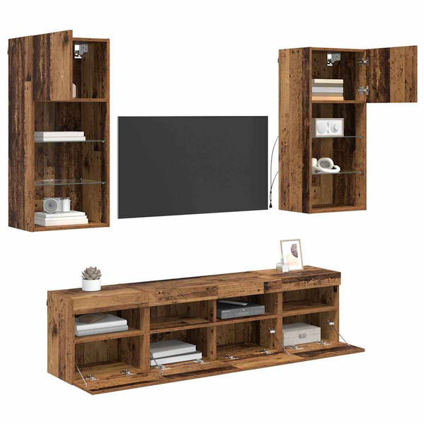 vidaXL TV Wall Units with LED 5 pcs Reclaimed Wood 40.5 x 30 x 90 cm