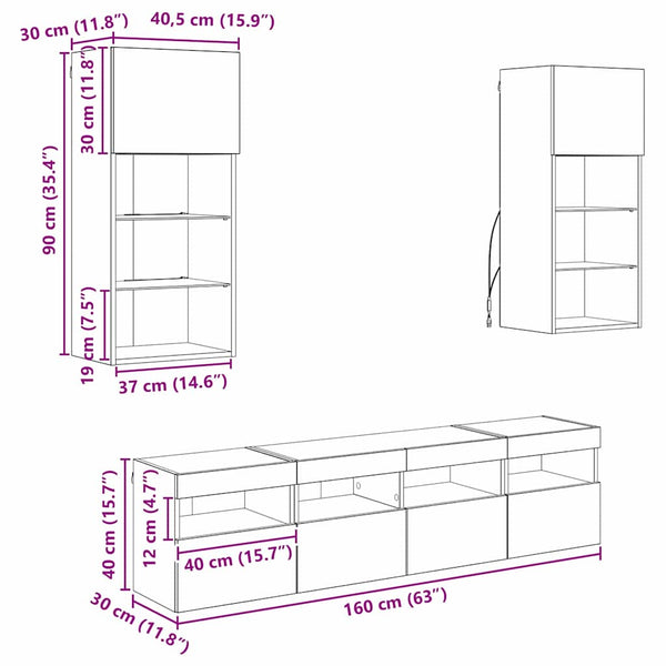vidaXL TV Wall Units with LED 5 pcs Artisan Oak 40.5 x 30 x 90 cm