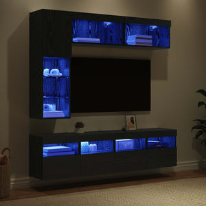 vidaXL TV Cabinets with LED 7 pcs Black Oak Effect Engineered Wood