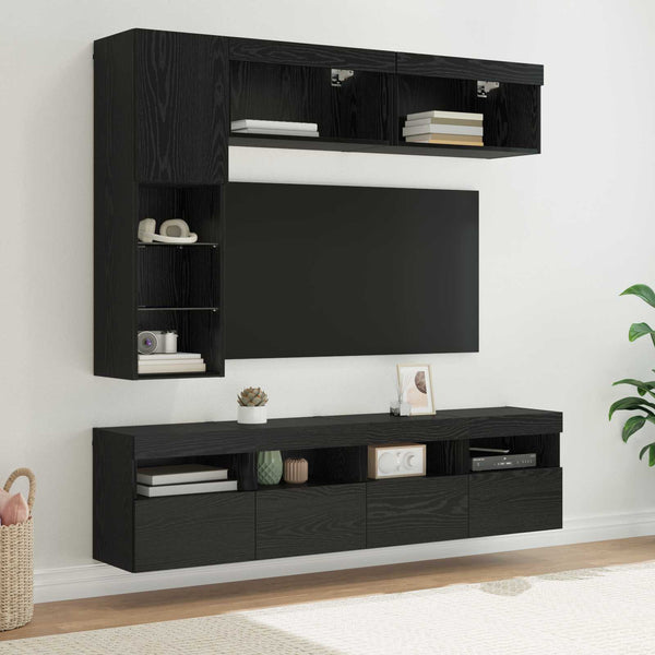 vidaXL TV Cabinets with LED 7 pcs Black Oak Effect Engineered Wood