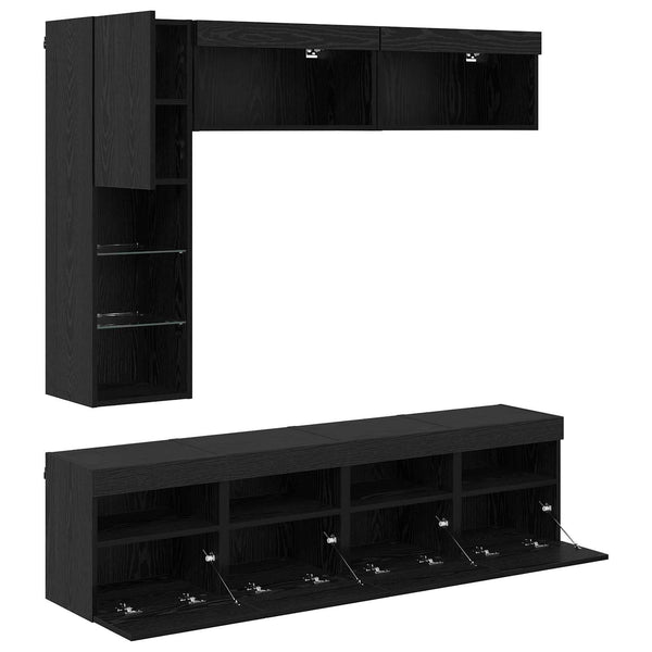 vidaXL TV Cabinets with LED 7 pcs Black Oak Effect Engineered Wood