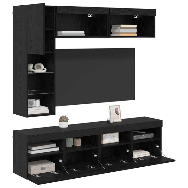 vidaXL TV Cabinets with LED 7 pcs Black Oak Effect Engineered Wood