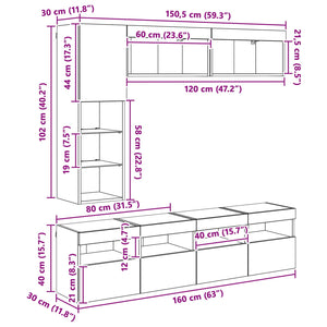 vidaXL TV Cabinets with LED 7 pcs Black Oak Effect Engineered Wood