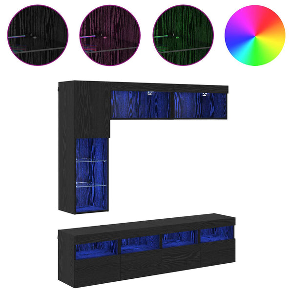 vidaXL TV Cabinets with LED 7 pcs Black Oak Effect Engineered Wood