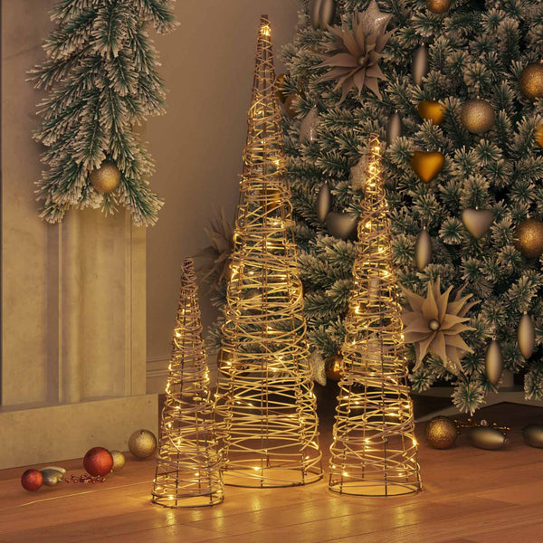 vidaXL Christmas Tree 3 pcs Warm White 20 x 20 x 80 cm Rattan