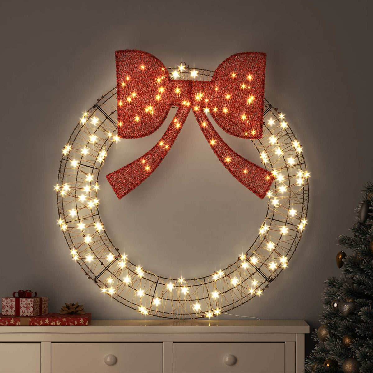 vidaXL Wreath with 150 LED Warm White 121 x 121 x 10 cm Rattan