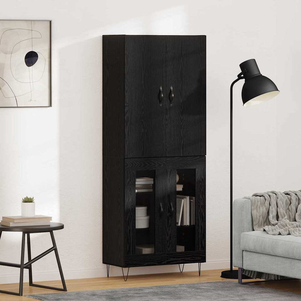 Highboard Schwarz Eichenoptik mit Glas, 2er-Set
