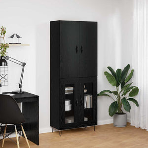 Highboard Schwarz Eichenoptik mit Glas, 2er-Set