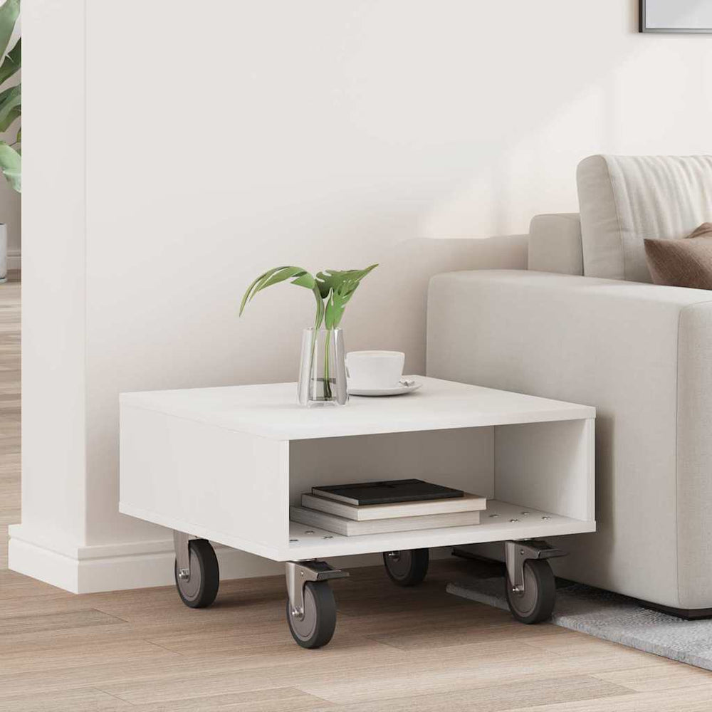 vidaXL End Table with Wheels White 50.5 x 50 x 30 cm Engineered Wood