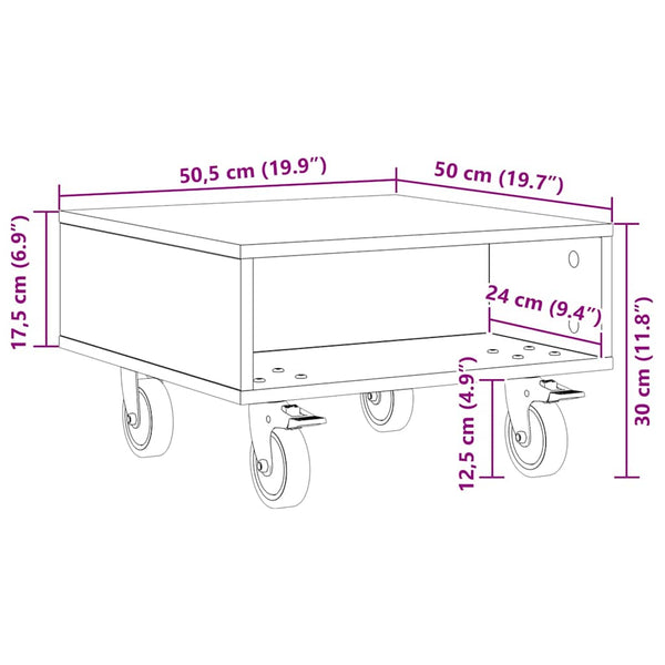 vidaXL Side Table with Wheels Black Oak Look 50.5 x 50 x 30 cm