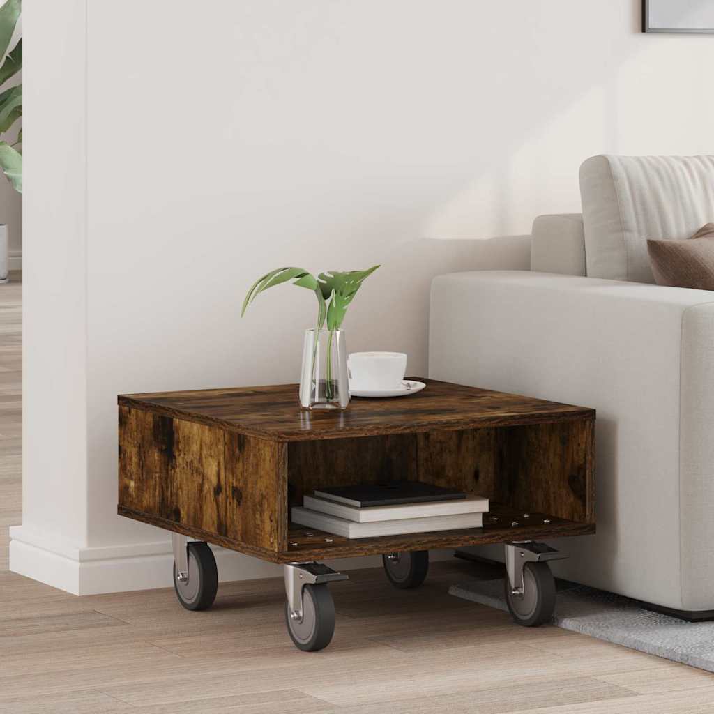 vidaXL Side Table with Wheels Smoked Oak 50.5x50x30 cm