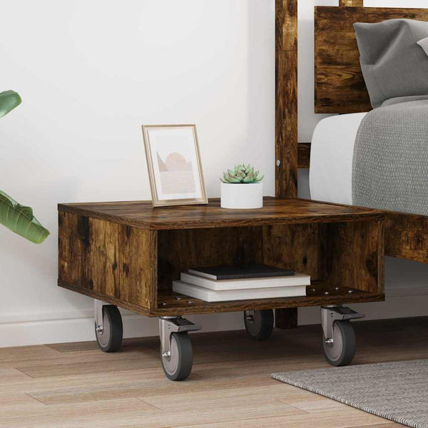 vidaXL Side Table with Wheels Smoked Oak 50.5x50x30 cm