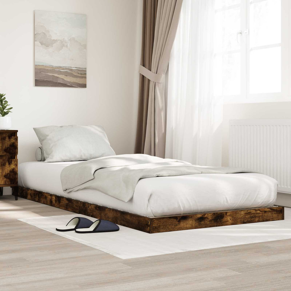 vidaXL Floor Bed Frame Smoked Oak 90 x 190 cm Engineered Wood