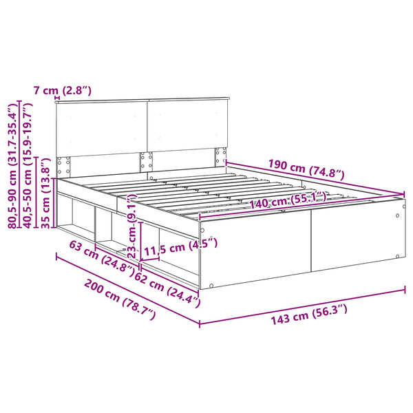 vidaXL Bed Frame Crafted Oak 140 x 190 cm Engineered Wood