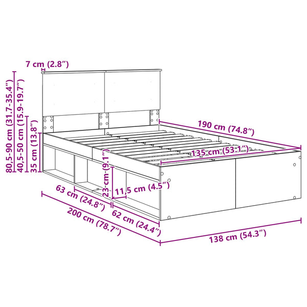 vidaXL Bed Frame with Headboard Sonoma Oak 135 x 190 cm Engineered Wood