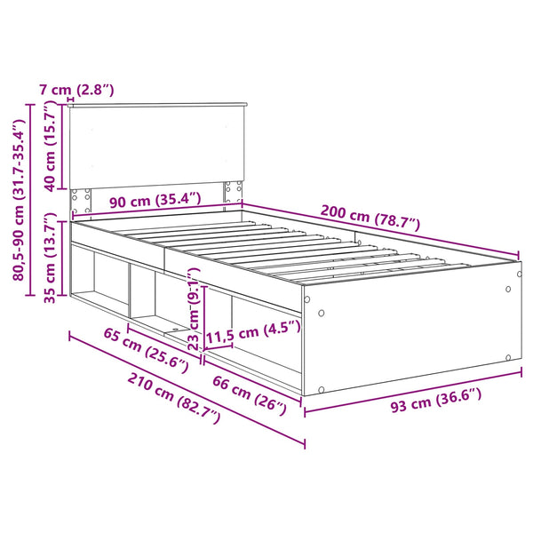 vidaXL Bed Frame Crafted Oak 90 x 200 cm Engineered Wood