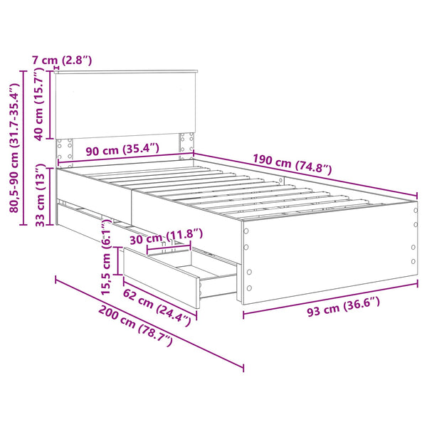 vidaXL Bed Frame Brown Oak Look 90 x 190 cm Engineered Wood