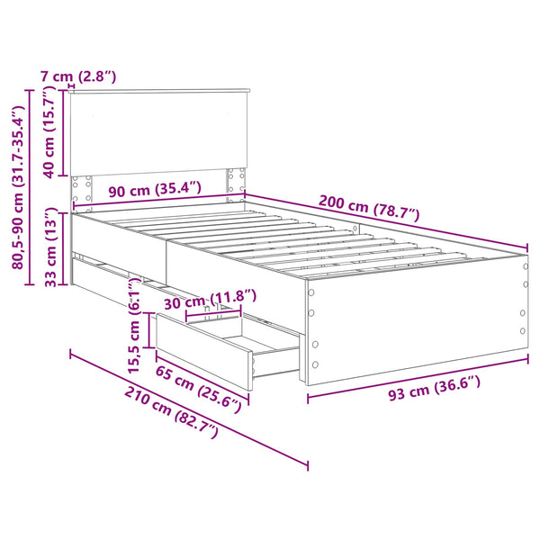 vidaXL Bed Frame with Drawers White 90 x 200 cm Engineered Wood