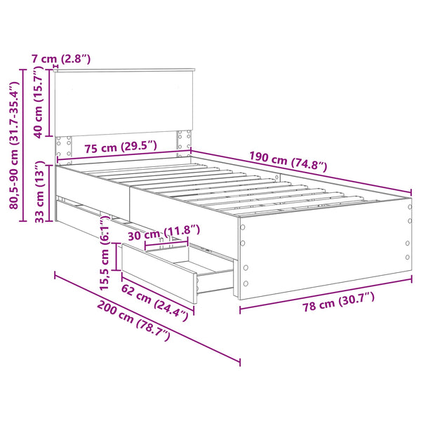 vidaXL Bed Frame Sonoma Oak 75 x 190 cm Engineered Wood