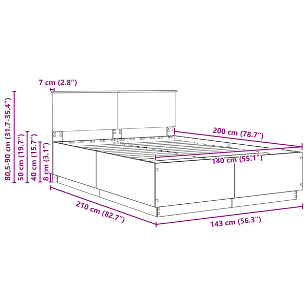 vidaXL Bed Frame Sonoma Grey 140 x 200 cm Engineered Wood